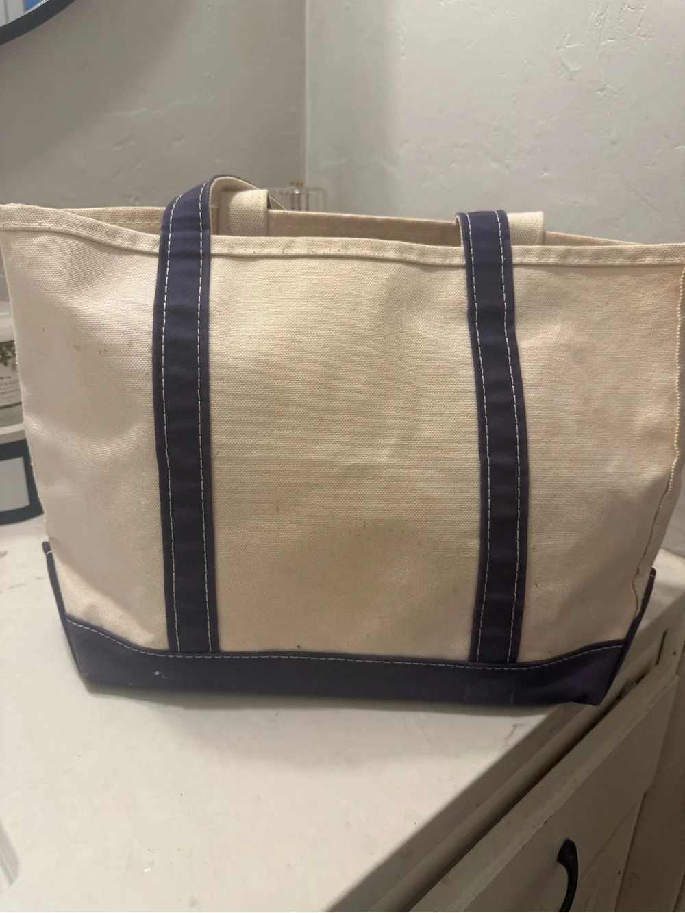 LL Bean Boat & Tote Canvas Bag Ivory Blue Size Medium Made in USA Taylor